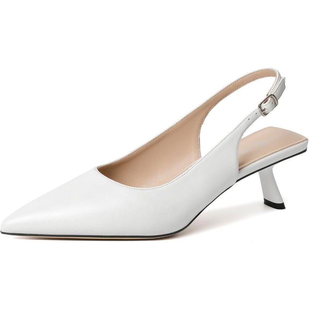 Women's White Pointed Toe Pumps Patent Leather Low Heel Slingback with Buckle